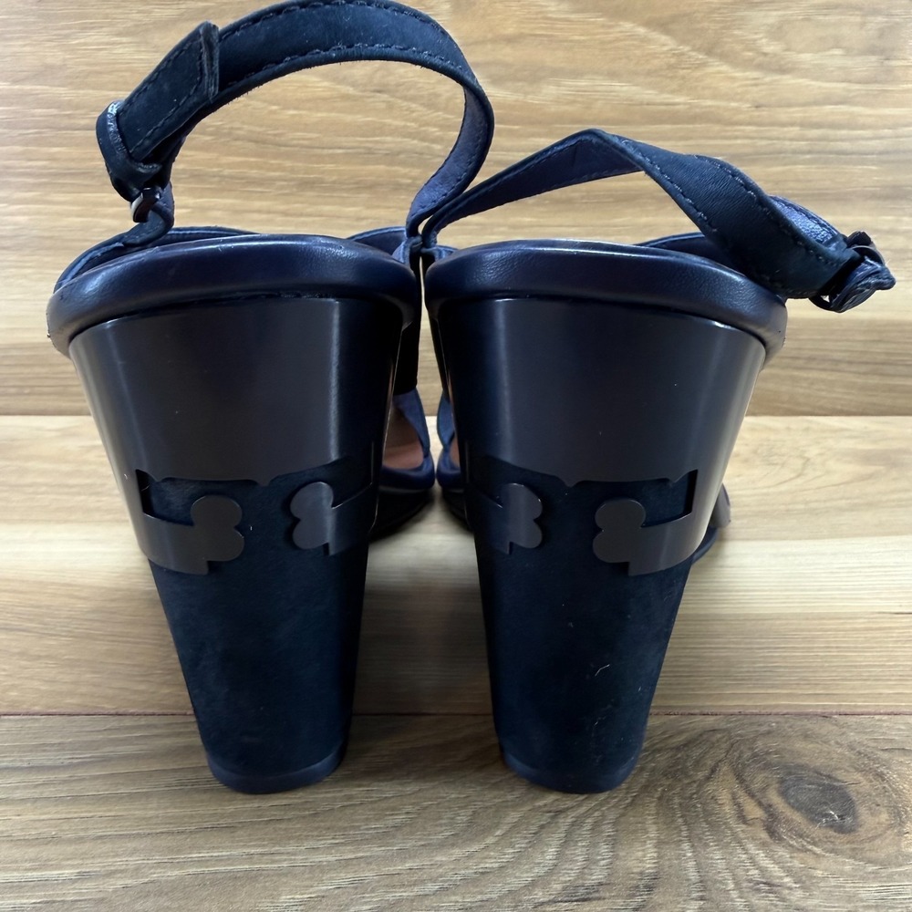 Tory Burch Gabrielle Wedge Slingback Sandals 10.5 M Navy Blue Suede Cross Strap - Picture 7 of 12